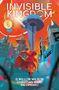 "INVISIBLE KINGDOM", Gewinner-Auszeichnung. Sci-Fi-Stadt mit futuristischen Gebäuden, Person mit rotem Umhang im Vordergrund., Buch