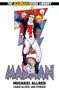 "The Madmaniverse Library" zeigt einen Superhelden in einem dynamischen Zickzack-Hintergrund voller Charaktere., Buch