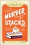 „Murder Among the Stacks“: Orange Hintergrund, Buchstapel, Kaffeetasse, Mystery-Elemente, Cranberry Creek Logo oben., Buch