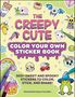 Der Text zeigt drei Titel: "The Creepy Cute", "Color Your Own Sticker Book" und "500+ Sweet and Spooky Stickers". Es gibt Sticker von gruseligen und süßen Motiven wie einem Frosch mit Hut, einem Totenkopf und einem Regenbogen., Buch