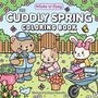 Der Text "The Cuddly Spring Coloring Book" ist zentriert. Drei niedliche Tiere gärtnern fröhlich in einem bunten Garten., Buch