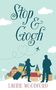 "Stop & Gogh" und "Laurie Woodford". Illustration: Eine Frau mit Koffer trifft einen Mann; farbige Häuser und ein Flugzeug., Buch
