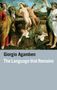Text: „Giorgio Agamben, The Language that Remains.“ Illustration von Figuren in klassischer Kleidung an einem Brunnen.