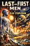 "Last and First Men by Olaf Stapledon." Futuristische Stadt, riesige Statue, fliegende Raketen, Planeten im Hintergrund.