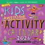 Text: "Includes 300+ super fun stickers! The Kids Awesome Activity Calendar 2026 by Mike Lowery."  
Illustration: Bunt und lebendig mit spielenden Kindern, Skateboards, Essen und fröhlichen Motiven.