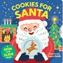 Der Text sagt: "Cookies for Santa". Illustration von Santa mit Keksteller, Weihnachtsbaum und Kamin im Hintergrund., Buch