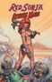„Red Sonja Attacks Mars“, Illustration einer Kriegerin mit Axt, umgeben von außerirdischen Kreaturen und futuristischen Maschinen.