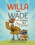 "Willa and Wade Are Definitely Not Spies!" Zwei gezeichnete Vögel in Mänteln und Hut vor blauem, strahlendem Hintergrund.