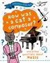 „How was a cat a composer?“ steht in einer Sprechblase, darunter eine Geige, ein Klavier und eine gezeichnete Katze im Anzug.