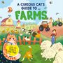 "A Curious Cat's Guide to Farms" und "Lots to Search and Find!" sind die Texte. Illustration einer Farm mit Tieren und Traktoren.