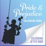 Text: "Pride & Prejudice Colouring Book. Colouring After Dark." Silhouette eines Mädchens auf einer Schaukel gegen blauen Hintergrund., Buch