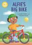 Große blaue Schrift: "ALFIE'S BIG BIKE". Ein Kind mit grünem Helm hält ein rotes Fahrrad. Sonne und Wolken im Hintergrund.