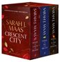Sarah J. Maas, Crescent City. Buchbox mit drei Titeln in Rot, Blau und Schwarz, verziert mit Blättern., Buch