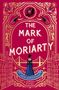 "The Mark of Moriarty" und "Jack Anderson". Rote und goldene Illustration mit Frau, Brücke, Weinflaschen, Lupe und Kamera.