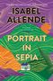 „PORTRAIT IN SEPIA“ von Isabel Allende. Bunte, gewellte Linien und Blattformen, Gebäude in der Mitte., Buch