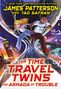 "The Time Travel Twins: An Armada of Trouble". Zwei Kinder in Sci-Fi-Illustration laufen durch einen zersplitternden Zeitstrahl., Buch