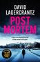 Titel: "Post Mortem" von David Lagercrantz. Darunter: Winterliche Szene mit einsamer Person auf verschneitem Weg., Buch