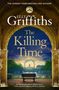 Buchtitel: "The Killing Time" von Elly Griffiths. Eine Uhr hängt in einem steinernen Torbogen mit Blick auf das London Eye., Buch