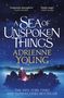 "A Sea of Unspoken Things, Adrienne Young, The Sunday Times Bestseller." Waldlandschaft mit Sternen und magischem Licht.