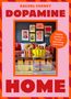 Text: "Rachel Verney, Dopamine Home, Normal gets you nowhere." Wohnzimmerszene mit bunten Kissen und Dekor., Buch