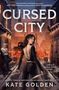„CURSED CITY“ und „KATE GOLDEN“. Illustration: Frau mit Dolchen, Stadtkulisse bei Nacht, Schnee auf Gebäuden.