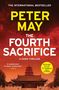 Text: "The International Bestseller", "Peter May", "The Fourth Sacrifice", "A China Thriller", "12 Million copies sold". Ein Tempel vor einem roten Himmel., Buch