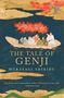 „THE TALE OF GENJI“, Murasaki Shikibu. Zitat von Tom Holland. Illustration: Menschen in einem Boot unter roten Bäumen., Buch
