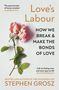 Texte: "Love's Labour", "HOW WE BREAK & MAKE THE BONDS OF LOVE". Darunter eine gemalte rosa Blume mit grünen Blättern., Buch