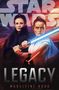 "Star Wars: Legacy" von Madeleine Roux. Zwei Figuren mit Lichtschwertern, eine Frau und eine maskierte Gestalt unten., Buch