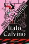 "The Castle of Crossed Destinies", "Italo Calvino". Zwei stilisierte Figuren fallen diagonal., Buch