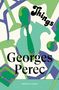 Text: "Things", "Georges Perec", "VINTAGE CLASSICS". Hintergrund: Abstrakte grüne und blaue Formen, overlapping design., Buch