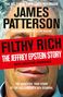Der Text schlägt ein Buch mit dem Titel "Filthy Rich" vor. Darunter "The Jeffrey Epstein Story" und Autorenangaben. Hintergrund zeigt ein Gesicht.