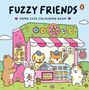 "Fuzzy Friends", "Super Cute Colouring Book". Illustration: Tiere an einem rosa Gebäckstand mit Donuts und Pflanzen., Buch