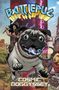 „BATTLEPUG“ steht oben in großen Buchstaben. Darunter reitet ein Krieger auf einem riesigen Mops mit einer Kette, darüber steht „COSMIC DOGGYSSEY“., Buch