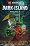 "DARK ISLAND TRILOGY" steht groß über mutigen Ninja-Figuren vor stürmischen Wellen und einem dunklen Himmel.