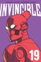 Großer weißer Text "INVINCIBLE" auf lila Hintergrund. Roboter in Rot mit leuchtenden Augen und Nummer "19"., Buch