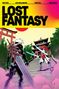 „LOST FANTASY“ in großen schwarzen Buchstaben auf gelbem Hintergrund. Eine Figur mit Schwert steht einem Samurai-Roboter gegenüber., Buch