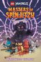 „LEGO NINJAGO MASTERS OF SPINJITZU“ in bunten Buchstaben, Ninja-Figuren und ein riesiger schwarzer Krieger mit lila Blitzen., Buch