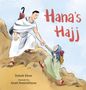 Text: "Hana's Hajj"  
Ein Mann hilft einem Kind einen steilen, felsigen Hügel hinauf. Der Mann trägt weiße Gewänder., Buch