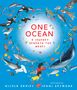 "ONE OCEAN: A JOURNEY BENEATH THE WAVES." Illustration: Meerestiere wie Wale, Delfine, Fische und zwei Kinder im Wasser.