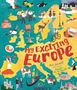 „My Exciting Europe“ in großen Buchstaben auf einer Europakarte mit Illustrationen von Tieren, Menschen und Sehenswürdigkeiten.