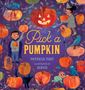 Illustration mit Text: "Pick a Pumpkin". Bunte Kürbisse, Kinder, Vögel und ein schwarzer Kater auf lila Hintergrund., Buch