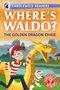 „Where's Waldo? The Golden Dragon Chase“. Illustration: Waldo auf goldenem Drachen im Freien, mit Hund im Streifenlook.