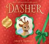 "Dasher" in großen Buchstaben. Ein Rentier vor rotem Hintergrund mit grüner Schleife und goldenen Ornamenten., Buch