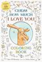 „Includes over 100 stickers“, „Guess How Much I Love You Coloring Book“. Illustration von zwei Umarmenden Hasen.