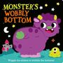 „MONSTER'S WOBBLY BOTTOM“ oben, „Wiggle the sliders to wobble the bottoms!“ unten. Illustration: Lila Monster vor Schloss.