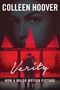 Text: "Colleen Hoover", "Verity", "Now a major motion picture". Ein Paar steht vor roten Dreiecken; großes Gesicht im Hintergrund., Buch