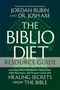 Text: "Jordan Rubin and Dr. Josh Axe, The Biblio Diet, Resource Guide, Healing Secrets from the Bible." Hintergrund: Blätter.