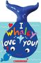I whaley love you! Illustration mit einem blauen Wal und spritzendem Wasser. Ein kleines Herz und Wellen im Hintergrund.