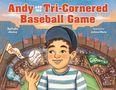 Titel "Andy and the Tri-Cornered Baseball Game". Junge im Baseballstadion mit Flaggen: Yankees, Dodgers, Giants., Buch